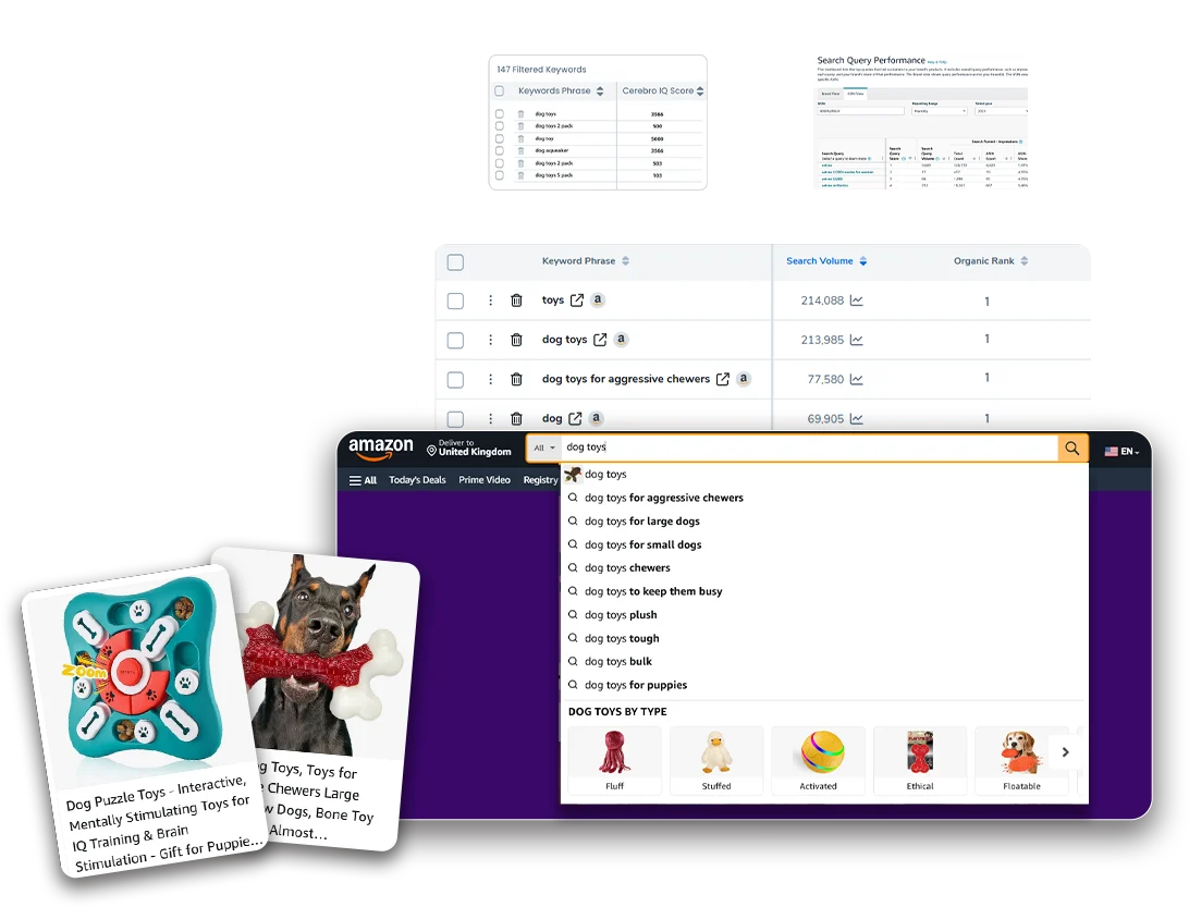 Amazon advertising management visual showing keyword research, search volume analysis, and profitable Amazon PPC keyword discovery.