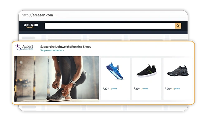 Amazon advertising management visual showing Sponsored Brands ads with branded product creatives and increased Amazon store visibility.